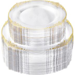 100 PCS White and Gold Plastic Plates for 50 Guests, Gold Disposable Plates Include 50 PCS Dinner Plates, 50 PCS Dessert Plates for Party and Wedding