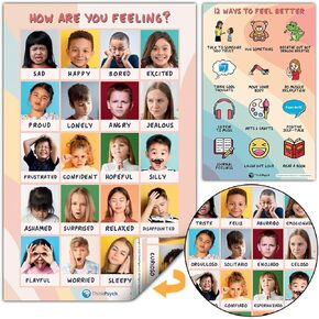 12 Laminated Feelings Posters for Kids - English & Spanish - Calm Down Corner Supplies - Therapy & School Counselor Supplies - Emotions Posters for Home and Calming Corner Classroom