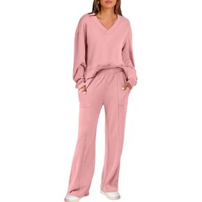 ANRABESS Women 2 Piece Outfits V Neck Sweatshirts Wide Leg Jogger Sweatpants Lounge Sets 2024 Fall Sweatsuit Travel Clothes