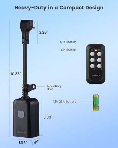 SURAIELEC Outdoor Remote Control Outlet, Wireless Waterproof Remote Power Switch, 15 AMP, 100 FT Range, 1 Remote 1 Outlet, Electrical Plug for Indoor Outdoor Lights, Holiday Decorations in Saudi Arabia