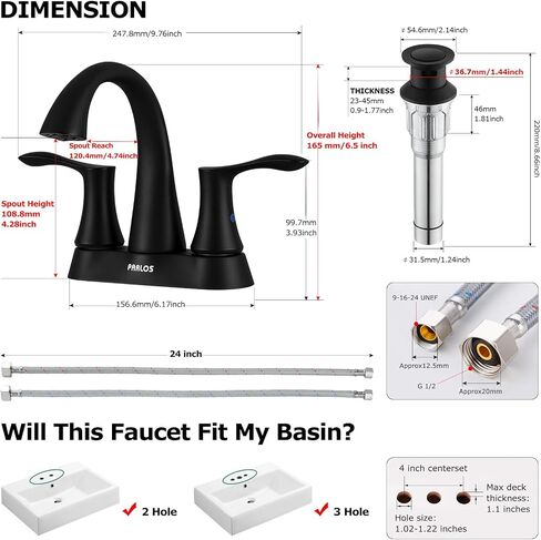 PARLOS 2-Handle Bathroom Sink Faucet with Metal Drain Assembly and Water Supply Hose, Brushed Nickel, Demeter 13625 in Saudi Arabia