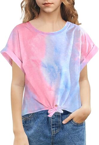 Girls Crop Top Tie Dye Short Sleeve Summer T Shirt Rolled Cuffs Tie Hem Fashion Shirts Tee 6-15 Years in Kuwait