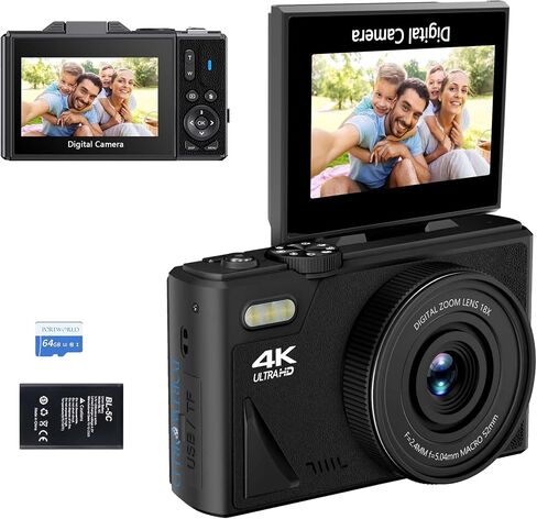 64MP Digital Camera for Photography and Video: 4K Vlogging Camera for YouTube with 3’’ Flip Screen,16X Digital Zoom, 32GB TF Card(White) in Saudi Arabia