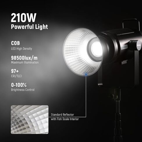 NEEWER CB200B 210W COB LED Video Light with 2.4G/APP Control, 2700K-6500K Bi Color Continuous Output Lighting with Bowens Mount, 90000lux/1m, CRI/TLCI97+, 12 Effects, Diffuser in Saudi Arabia