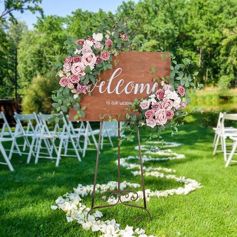 Wedding Arch Flowers Kit of 2 - Artificial Flower Swag Wedding Welcome Sign Decorative Floral Swags for Wedding Reception Ceremony Signs Wedding Chair Ceremony Floral Decor (Beige) in Saudi Arabia