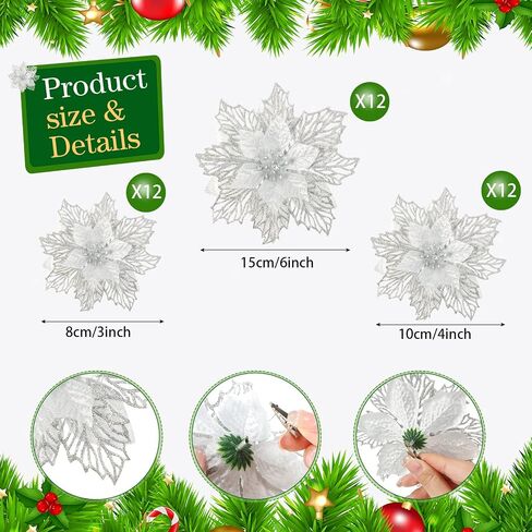 Geosar 36 Pcs Christmas Poinsettia Flowers Tree Decor Artificial Faux Glitter Xmas Ornaments New Year for Party Favor (Rose Gold) in Saudi Arabia