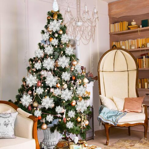Geosar 36 Pcs Christmas Poinsettia Flowers Tree Decor Artificial Faux Glitter Xmas Ornaments New Year for Party Favor (Rose Gold) in Saudi Arabia