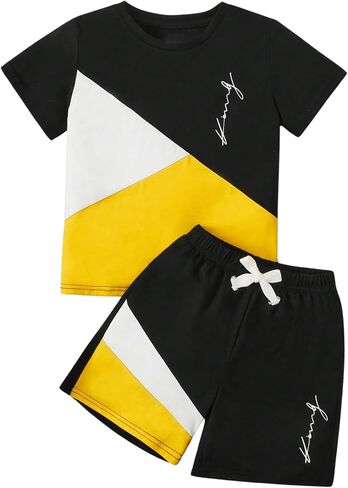 SweatyRocks Boy's 2 Piece Outfits Color Block Letter Print Round Neck Tee Top and Drawstring Waist Shorts Set in Saudi Arabia