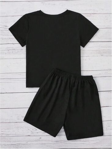 SweatyRocks Boy's 2 Piece Outfits Color Block Letter Print Round Neck Tee Top and Drawstring Waist Shorts Set in Saudi Arabia