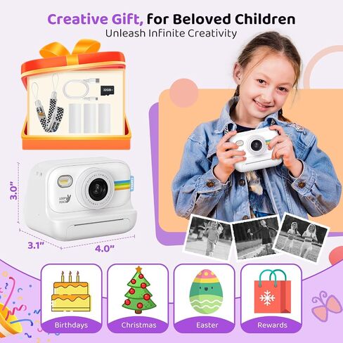 Instant Print Camera for Kids, Birthday Gifts for Girls and Boys Ages 3-12 - 1080P Video Camera for Kids, Gift Ideas for Boys Ages 3 4 5 6 7 8 9 10 11 12 - Girls' Gifts for Christmas/Holidays - Black in Saudi Arabia