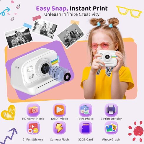 Instant Print Camera for Kids, Birthday Gifts for Girls and Boys Ages 3-12 - 1080P Video Camera for Kids, Gift Ideas for Boys Ages 3 4 5 6 7 8 9 10 11 12 - Girls' Gifts for Christmas/Holidays - Black in Saudi Arabia