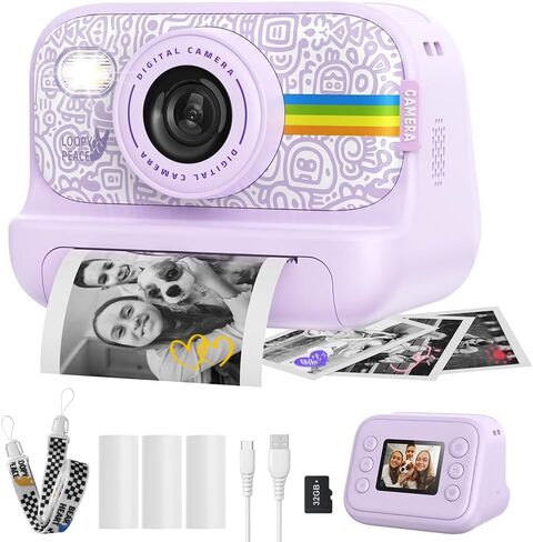 Instant Print Camera for Kids, Birthday Gifts for Girls and Boys Ages 3-12 - 1080P Video Camera for Kids, Gift Ideas for Boys Ages 3 4 5 6 7 8 9 10 11 12 - Girls' Gifts for Christmas/Holidays - Black in Saudi Arabia