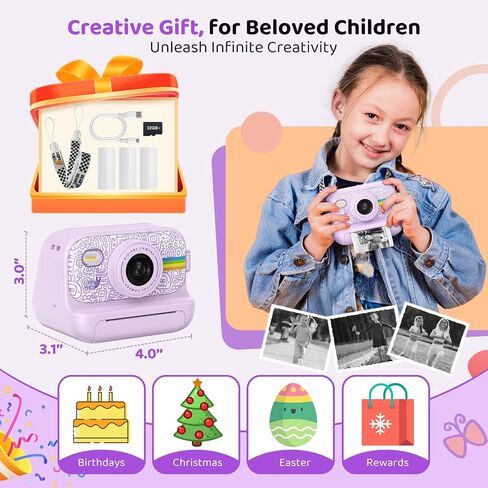 Instant Print Camera for Kids, Birthday Gifts for Girls and Boys Ages 3-12 - 1080P Video Camera for Kids, Gift Ideas for Boys Ages 3 4 5 6 7 8 9 10 11 12 - Girls' Gifts for Christmas/Holidays - Black in Saudi Arabia
