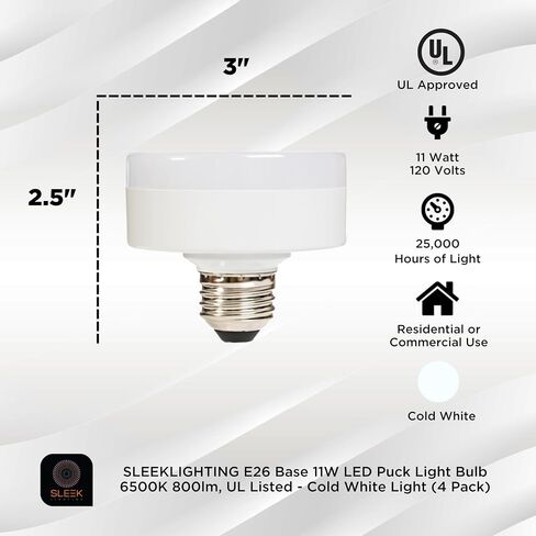 SLEEKLIGHTING E26 11W LED Puck Light Bulb Dimmable 2700K Warm White, 800lm, UL Listed - (4 Pack) in Kuwait
