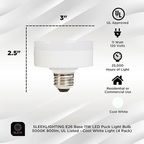 SLEEKLIGHTING E26 11W LED Puck Light Bulb Dimmable 2700K Warm White, 800lm, UL Listed - (4 Pack) in Kuwait