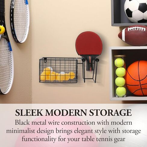 MyGift 12 Inch Wall Mounted Silver Metal Table Tennis Pickleball Paddle Rack and Ball Storage, Hanging Equipment Organizer with Racket Holder and Basket for Ping Pong Balls in Kuwait