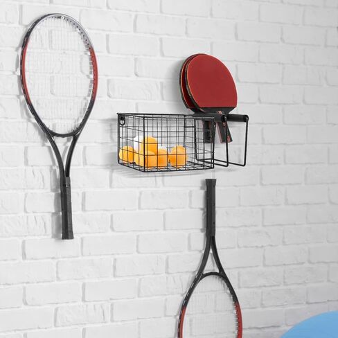 MyGift 12 Inch Wall Mounted Silver Metal Table Tennis Pickleball Paddle Rack and Ball Storage, Hanging Equipment Organizer with Racket Holder and Basket for Ping Pong Balls in Kuwait
