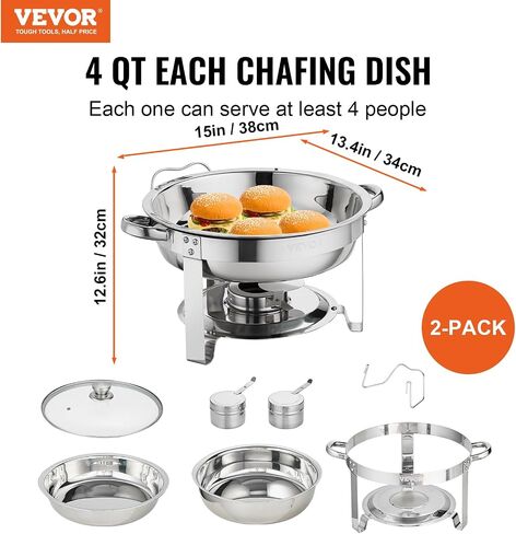 VEVOR Chafing Dish Buffet Set, 8 Qt 4 Pack, Stainless Chafer w/ 4 Full Size Pans, Rectangle Catering Warmer Server w/Lid Water Pan Folding Stand Fuel Tray Holder Spoon Clip, at Least 8 People Each in Saudi Arabia