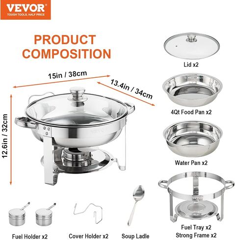 VEVOR Chafing Dish Buffet Set, 8 Qt 4 Pack, Stainless Chafer w/ 4 Full Size Pans, Rectangle Catering Warmer Server w/Lid Water Pan Folding Stand Fuel Tray Holder Spoon Clip, at Least 8 People Each in Saudi Arabia