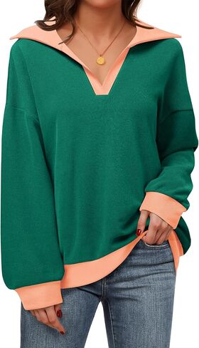 Lotusmile Sweatshirt for Women Color Block Striped Shirt Long Sleeve Lapel V Neck Lightweight Pullover Top in Saudi Arabia