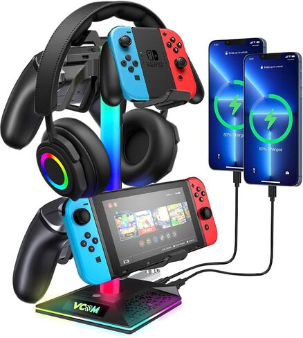 حامل سماعات رأس للألعاب VCOM RGB مع منفذين USB ومنفذ واحد من النوع C، حامل سماعة رأس وردي مع 10 أوضاع إضاءة ومطاط غير قابل للانزلاق، مناسب لملحقات مكتب الكمبيوتر كهدية للاعبين (وردي) in Saudi Arabia