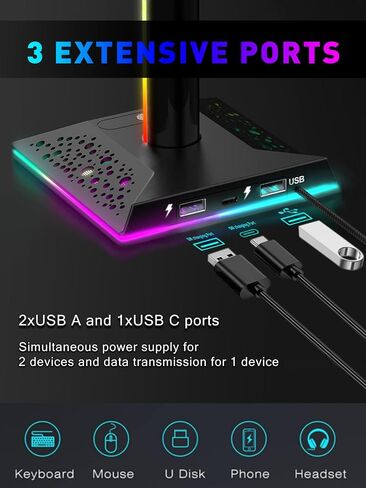 حامل سماعات رأس للألعاب VCOM RGB مع منفذين USB ومنفذ واحد من النوع C، حامل سماعة رأس وردي مع 10 أوضاع إضاءة ومطاط غير قابل للانزلاق، مناسب لملحقات مكتب الكمبيوتر كهدية للاعبين (وردي) in Saudi Arabia