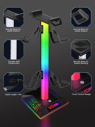 حامل سماعات رأس للألعاب VCOM RGB مع منفذين USB ومنفذ واحد من النوع C، حامل سماعة رأس وردي مع 10 أوضاع إضاءة ومطاط غير قابل للانزلاق، مناسب لملحقات مكتب الكمبيوتر كهدية للاعبين (وردي) in Saudi Arabia