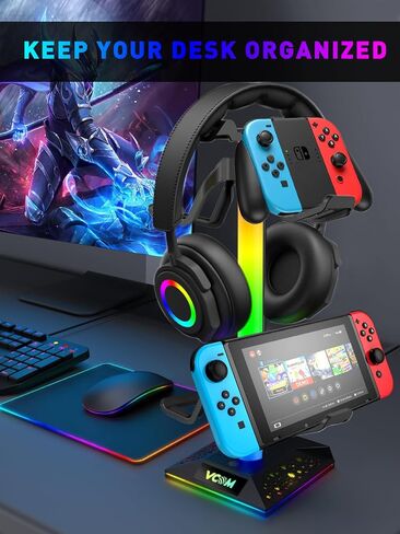 حامل سماعات رأس للألعاب VCOM RGB مع منفذين USB ومنفذ واحد من النوع C، حامل سماعة رأس وردي مع 10 أوضاع إضاءة ومطاط غير قابل للانزلاق، مناسب لملحقات مكتب الكمبيوتر كهدية للاعبين (وردي) in Saudi Arabia