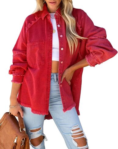 Women Long Sleeve Denim Jacket Oversized Lapel Button Up Shacket Casual Boyfriend Western Trucker Jean Jackets in Saudi Arabia