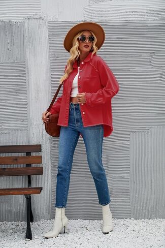 Women Long Sleeve Denim Jacket Oversized Lapel Button Up Shacket Casual Boyfriend Western Trucker Jean Jackets in Saudi Arabia