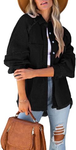 سترة نسائية من قماش الدنيم بأكمام طويلة وسترات كبيرة الحجم ذات طية صدر السترة وأزرار لأعلى وسترات جينز لسائقي الشاحنات الغربية غير رسمية in Kuwait