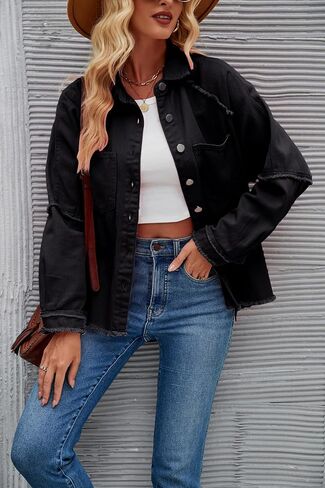 سترة نسائية من قماش الدنيم بأكمام طويلة وسترات كبيرة الحجم ذات طية صدر السترة وأزرار لأعلى وسترات جينز لسائقي الشاحنات الغربية غير رسمية in Kuwait