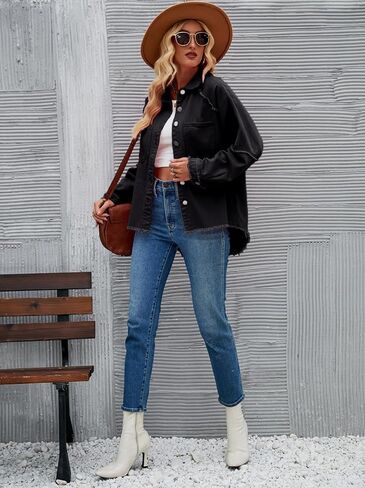 سترة نسائية من قماش الدنيم بأكمام طويلة وسترات كبيرة الحجم ذات طية صدر السترة وأزرار لأعلى وسترات جينز لسائقي الشاحنات الغربية غير رسمية in Kuwait