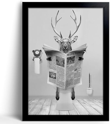 Funny Deer Bathroom Wall Decoration Black and White Canvas Deer in Bathroom Decoration Pictures Humorous Animal Bathroom Wall Art Printed Country Farmhouse Style Wall Decoration Ready Frame Hanging in Saudi Arabia