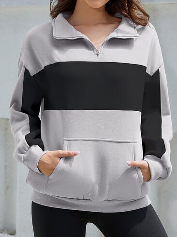 YATHON Womens Casual Quarter Zip Sweatshirt Color Block Fleece Fall Winter Outfits Pullover Sweater Clothes with Pockets in Saudi Arabia