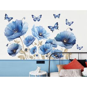 Removable Creative 3D DIY Blue Flowers Wall Decals Flower Vines Butterfly Wall Stickers Murals Peel and Stick Floral Wall Art Decor for Nursery Girls Women Bedroom Living Room Decoration (C)