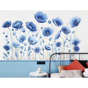 Removable Creative 3D DIY Blue Flowers Wall Decals Flower Vines Butterfly Wall Stickers Murals Peel and Stick Floral Wall Art Decor for Nursery Girls Women Bedroom Living Room Decoration (C)