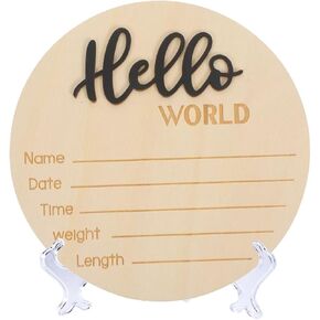 Baby Announcement Sign with Stand, 5.9 Inch Wooden Hello World Newborn Welcome Sign, Birth Announcement Sign for Hospital, Newborn Name Sign Plaques (Purple)