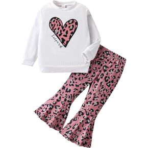 Toddler Girl Clothes Long Sleeve Cartoon & Letter Graphic Top + Fruit Stationery Print Flared Leg Pants