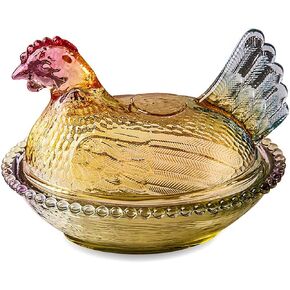 Crystal Glass Chicken-Shaped Candy Dish,Vintage Style Candy Bowl with Lid,Tabletop Dessert Plate Snack Bowl (Glazed)