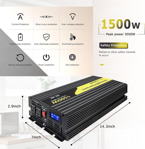 نظام احتياطي لبطارية مضخة مستنقع 2000 وات مع شاشة LCD، محول تلقائي لموجة جيبية نقية مع تبريد ذكي، للتشغيل المستمر في حالات الطوارئ وانقطاع الطاقة لمضخة الحوض (أسود) in Kuwait