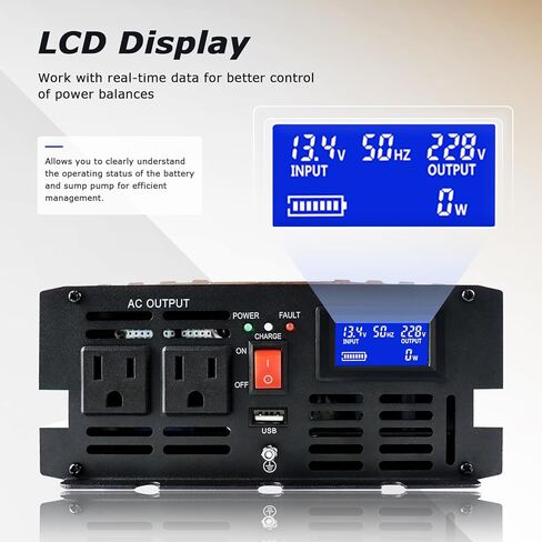 نظام احتياطي لبطارية مضخة مستنقع 2000 وات مع شاشة LCD، محول تلقائي لموجة جيبية نقية مع تبريد ذكي، للتشغيل المستمر في حالات الطوارئ وانقطاع الطاقة لمضخة الحوض (أسود) in Kuwait
