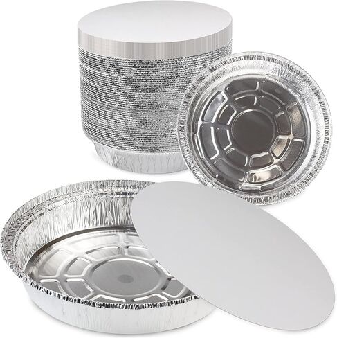 Fit Meal Prep 50 Pack 8" Round Aluminum Foil Pans with Lids, 8 inch Take Out Containers with Cardboard Covers for Freshness, Heavy Duty Disposable Baking Pie Pan for Cooking, Freezer & Oven Safe in Kuwait