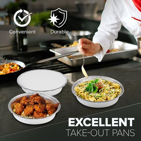 Fit Meal Prep 50 Pack 8" Round Aluminum Foil Pans with Lids, 8 inch Take Out Containers with Cardboard Covers for Freshness, Heavy Duty Disposable Baking Pie Pan for Cooking, Freezer & Oven Safe in Kuwait