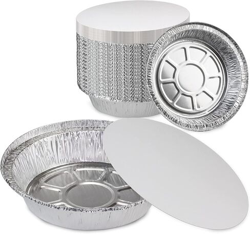 Fit Meal Prep 50 Pack 8" Round Aluminum Foil Pans with Lids, 8 inch Take Out Containers with Cardboard Covers for Freshness, Heavy Duty Disposable Baking Pie Pan for Cooking, Freezer & Oven Safe in Kuwait