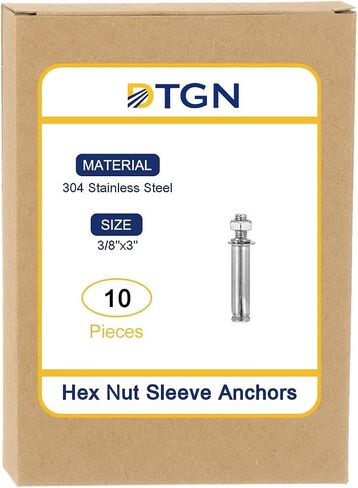 3/8" x 3" Hex Nut Sleeve Anchors - 5Pack - Good for Concrete Dry Brick Block Walls - 304 Stainless Steel - Silver in Saudi Arabia