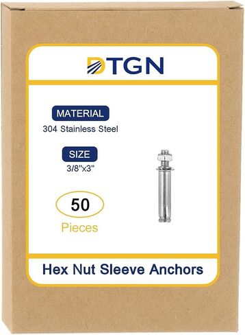 3/8" x 3" Hex Nut Sleeve Anchors - 5Pack - Good for Concrete Dry Brick Block Walls - 304 Stainless Steel - Silver in Saudi Arabia