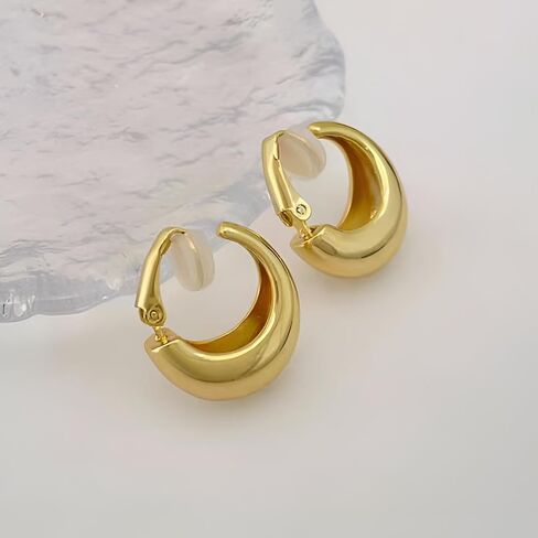 مشبك ذهبي مكتنز على أقراط دائرية للنساء أقراط مشبكية على شكل أنبوب أقراط غير مثقوبة مجوهرات عصرية in Kuwait