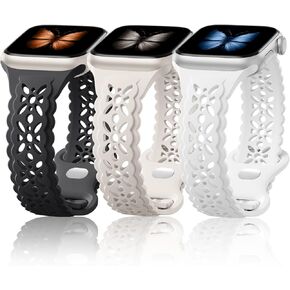 Maledan Cute Floral Lace Soft Silicone Bands Compatible with Apple Watch Band 38mm 40mm 41mm 42mm 44mm 45mm Women, 3 Pack Breathable Slim Bracelet Strap for iWatch SE Apple Watch Series 9 8 7 6 5 4 3