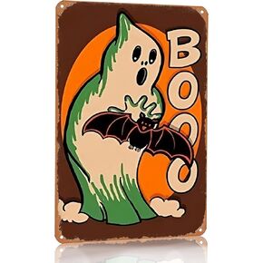 Vintage Halloween Decor Gift Halloween Ghost and Bat Boo Jack O Lantern Tin Sign for Home Bedroom Living Room Wall Decor 8 X 12 Inch (3132)